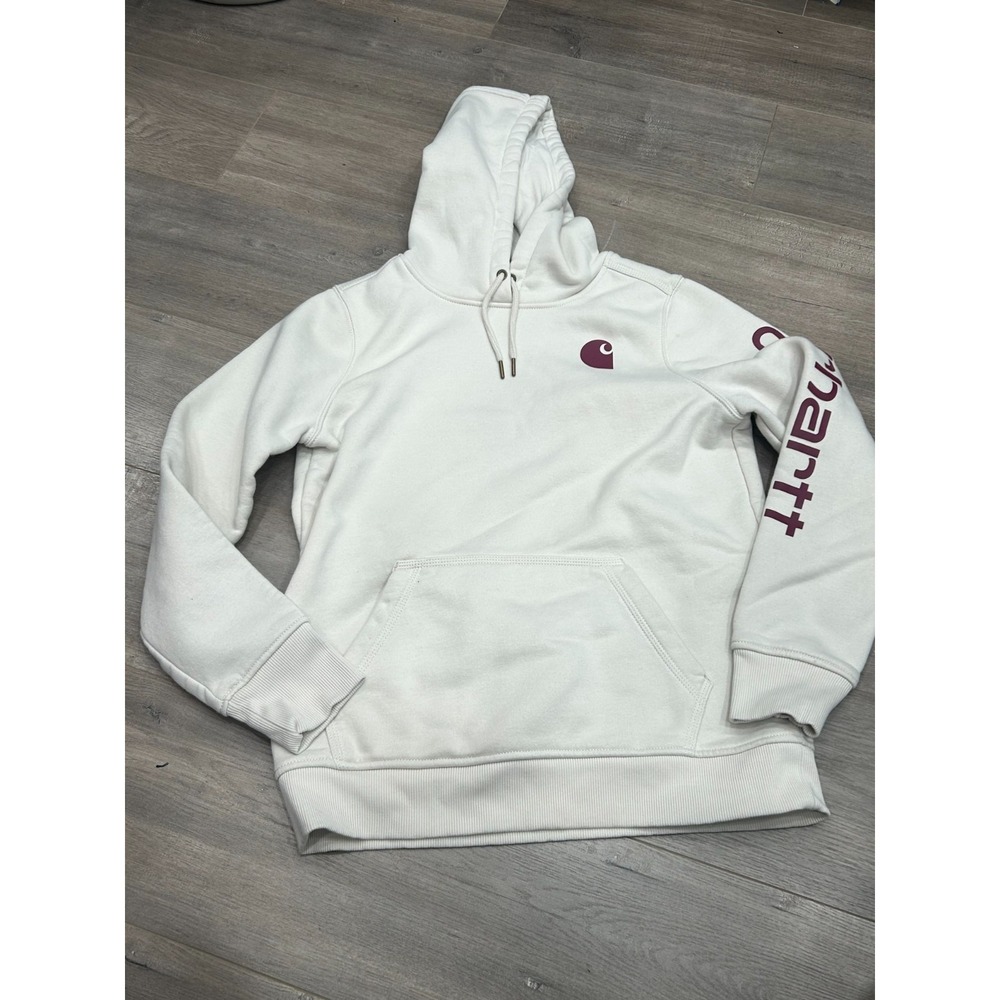 Carhartt Hoodie Womens Medium Cream Cotton Relaxed Fit Logo Pocket Streetwear